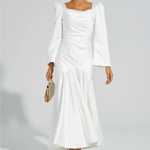 Elegant White Satin Square-Neck Long Sleeve Maxi Dress: wedding bridal